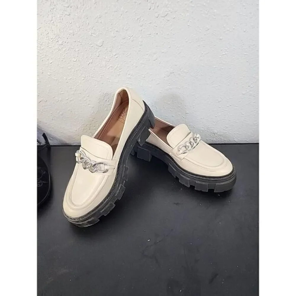 NOBO Chunky Heel Platform Oxford Shoes Cream Silver Chain Slip On Shoes Size 7‎